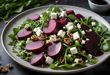 A colorful beet salad with arugula, walnuts, and vegan feta, topped with balsamic vinaigrette, ai.