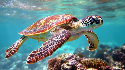 Fototapeta premium A vibrant sea turtle gracefully swims through clear turquoise waters, surrounded by colorful coral reefs.