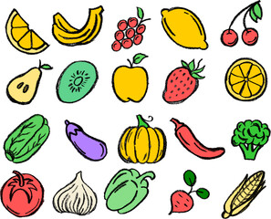 Colorful Fruit and Vegetables Drawing icons Crayon Chalk Vector Set