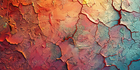 Fototapeta premium Cracked Paint Surface with Red, Orange, and Blue-Gray Pigments