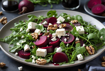 A colorful beet salad with arugula, walnuts, and vegan feta, topped with balsamic vinaigrette, ai.