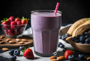 Vibrant blueberry smoothie with almonds and fresh berries, served in a tall glass on a wooden board, ai.