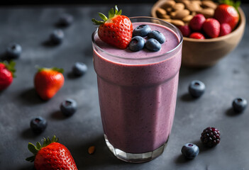 Vibrant blueberry smoothie with almonds and fresh berries, served in a tall glass on a wooden board, ai.