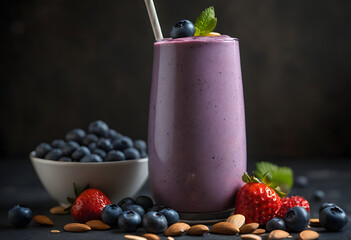 Vibrant blueberry smoothie with almonds and fresh berries, served in a tall glass on a wooden board, ai.