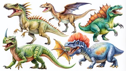 Fototapeta premium Hand-Painted Watercolor Dinosaurs: Realistic Isolated Dino Illustrations for Creative Projects and Educational Use on a Clean White Background