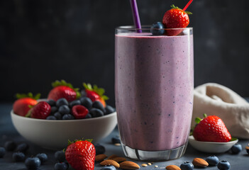 Vibrant blueberry smoothie with almonds and fresh berries, served in a tall glass on a wooden board, ai.