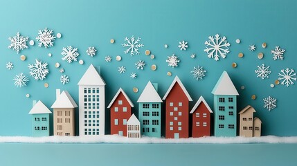 Naklejka premium Modernstyle origami buildings wrapped in Christmas garlands and lights, under a delicate papercut sky filled with snowflakes, origami Papercut, festive skyline