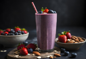 Vibrant blueberry smoothie with almonds and fresh berries, served in a tall glass on a wooden board, ai.