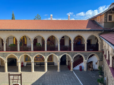 Buildings of Kykkos Monastery in the Troodos Mountains in Cyprus. Near the village of Milikuri