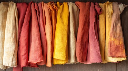 A collection of handdyed linen fabrics arranged in shades of red