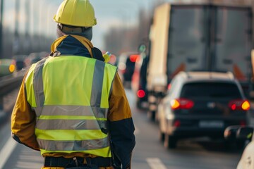 Obraz premium A construction worker in a bright safety vest and hard hat watches over vehicles on a busy highway as the afternoon sun casts a warm glow over the scene.