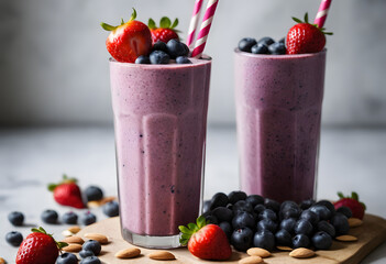 Blueberry smoothie in a tall glass, garnished with berries and almonds, displayed on a wooden board, ai.