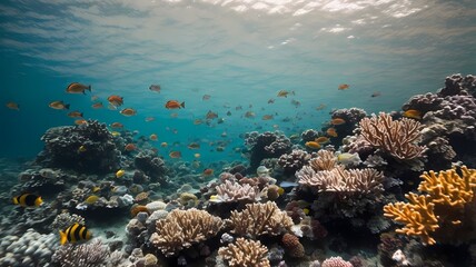 Underwater Paradise: A vibrant underwater scene showcasing a teeming reef teeming with life. Coral formations in various shades of pink, orange.