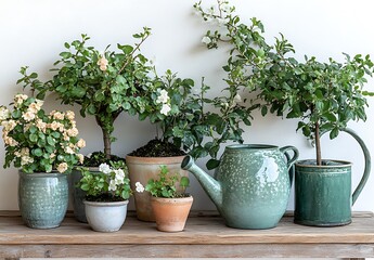 Potted Plants and Watering Can on Wooden Shelf