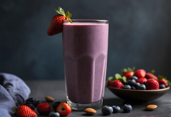 Blueberry smoothie in a tall glass, garnished with berries and almonds, displayed on a wooden board, ai.