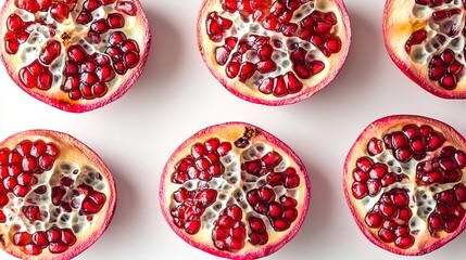 top-down view of halved pomegranates with visible seeds balanced natural lighting