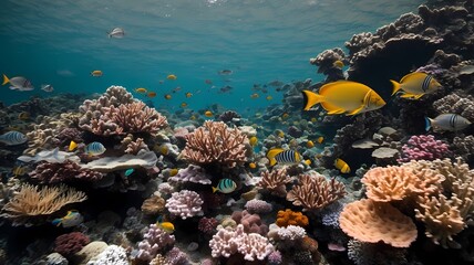 Naklejka premium Vibrant Reef Life: A mesmerizing underwater scene where colorful coral formations teem with life.