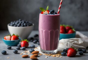 A tall glass of blueberry smoothie topped with fresh berries and almonds, set on a rustic wooden board, ai.