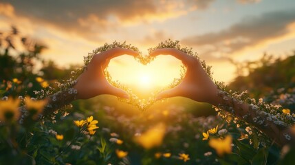 Fototapeta premium Hands Forming Heart Shape With Flowers At Sunset