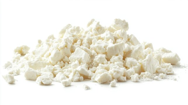 A Block of Crumbled White Feta Cheese Isolated on a Clean Background Perfect for Food Photography and Culinary Uses