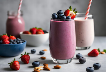 A tall glass of blueberry smoothie topped with fresh berries and almonds, set on a rustic wooden board, ai.