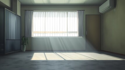 Obraz premium Sunbeams stream through window in empty room.