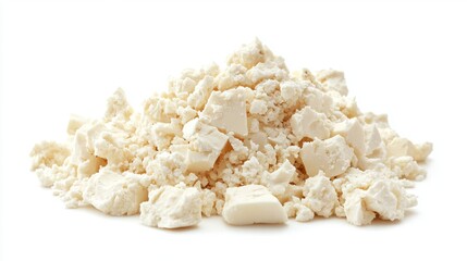 A block of crumbled white feta cheese isolated on a white background, perfect for illustrating fresh ingredients in culinary presentations and food recipes.