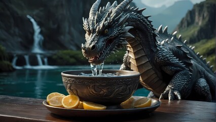 Dragon's Refreshment: A majestic, grey dragon takes a refreshing drink from an ornate metal bowl, slices of lemon nearby, set against a dramatic backdrop of waterfalls and mountains.