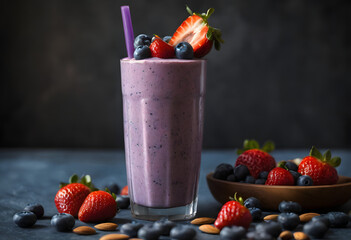 A tall glass of blueberry smoothie topped with fresh berries and almonds, set on a rustic wooden board, ai.