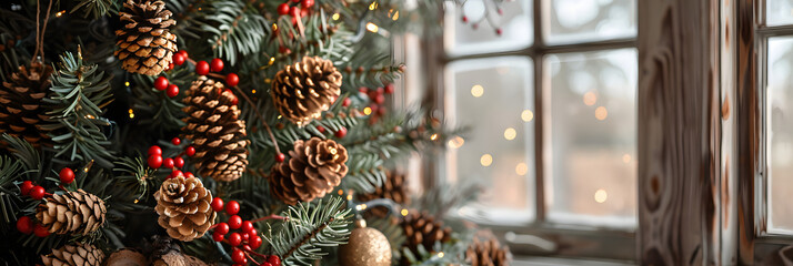 A Christmas tree adorned with natural pinecones, berries, and rustic garlands, in a Scandinavian-style home