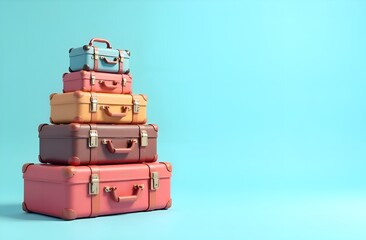 Obraz premium Stacked ravel suitcases on light blue background. Copy space.