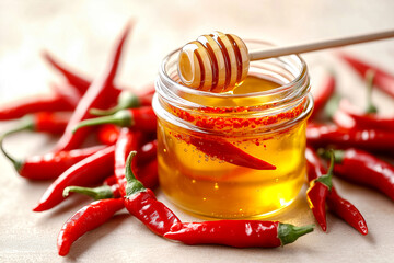 Close-up jar of hot honey, honey dipper with fresh red chili peppers on a neutral background. Concept of spicy honey as a versatile condiment for various dishes and trends in gourmet cooking