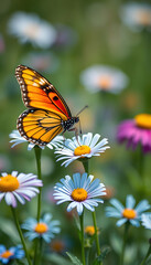 Obraz premium Background flower butterfly spring garden floral beauty blossom plant blue. Garden spring butterfly background summer flower field white color season banner daisy wild morning nature meadow bloom te