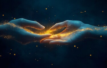 A dreamy, dark blue background with two hands exchanging a bright yellow stream of magical energy