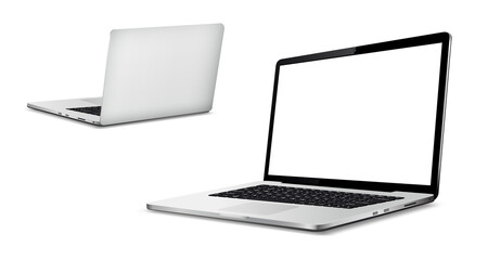 Laptop front and back side mockup isolated on white background