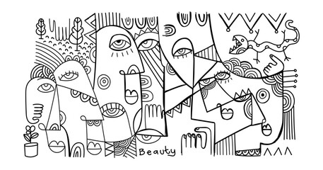 Obraz premium abstract hand drawing face portrait geometric decorative doodle outlines vector illustration. Line art black and white aesthetic design for wall art, prints, cards, decoration, banner and background.