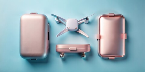 A drone hovering over a miniature suitcase, all in rose gold against a blue background
