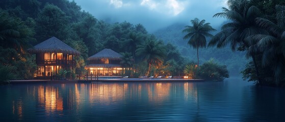 Fototapeta premium At night, the Lagoon's tropical resort