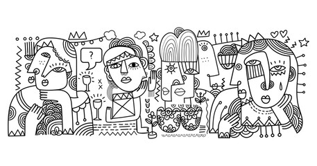 abstract hand drawing face portrait geometric decorative doodle outlines vector illustration. Line art black and white aesthetic design for wall art, prints, cards, decoration, banner and background.