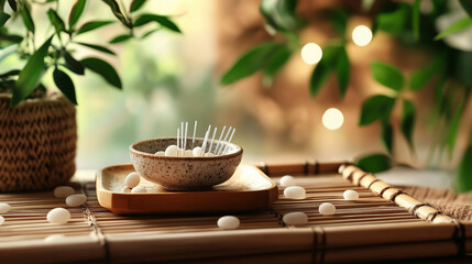 Holistic herbal medicine concept with natural elements and acupuncture needles on bamboo