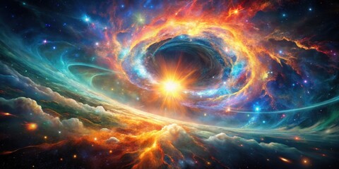 A celestial spectacle unfolds as a blazing sun erupts from the depths of a swirling nebula, casting radiant light across the cosmos.