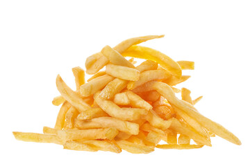 A pile of French fries potatoes isolated on white background