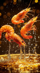 Three shrimp jumping out of the oil pan,  made by AI