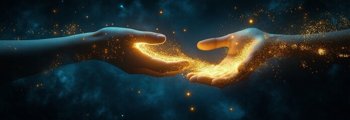 A dreamy, dark blue background with two hands exchanging a bright yellow stream of magical energy