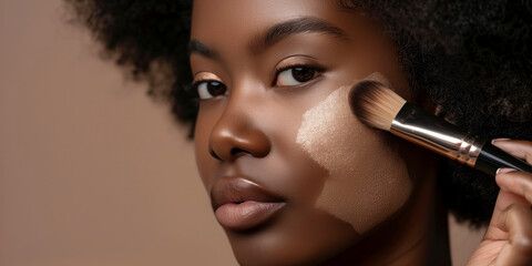 Makeup artist applying foundation on a model's face using a brush, showcasing makeup techniques and beauty