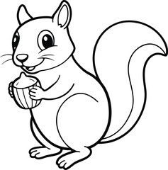 Adorable Cartoon Squirrel Holding Nut, Black and White Illustration