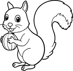 Adorable Cartoon Squirrel Holding a Nut, Black and White Coloring Page