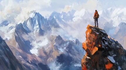 Mountain adventure travel, lone hiker standing on a rocky ledge overlooking a sweeping mountain vista