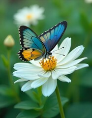 A butterfly with brightly colored wings perches on a blooming flower. The details of its wing patterns contrast with the beauty of the flower petals, 