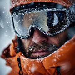 Obraz premium Close up of a skier wearing orange gear, covered in snowflakes, with goggles reflecting the snowy landscape.